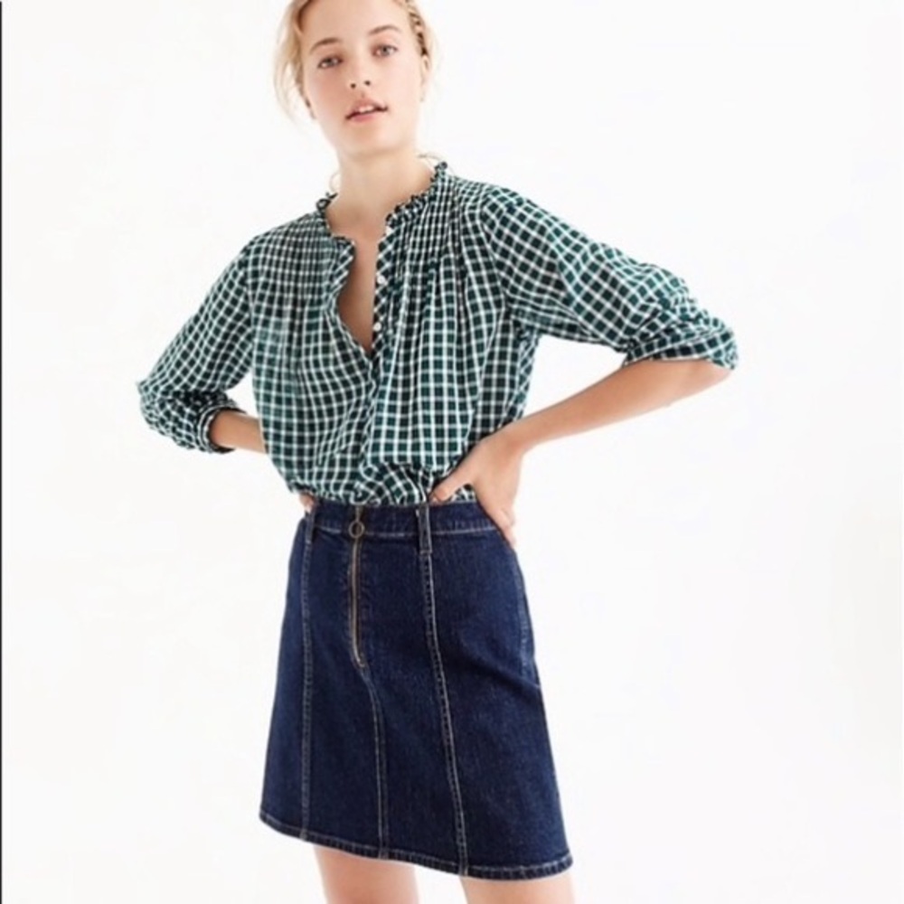 J Crew Green Plaid Popover Top with Smocked Ruffle